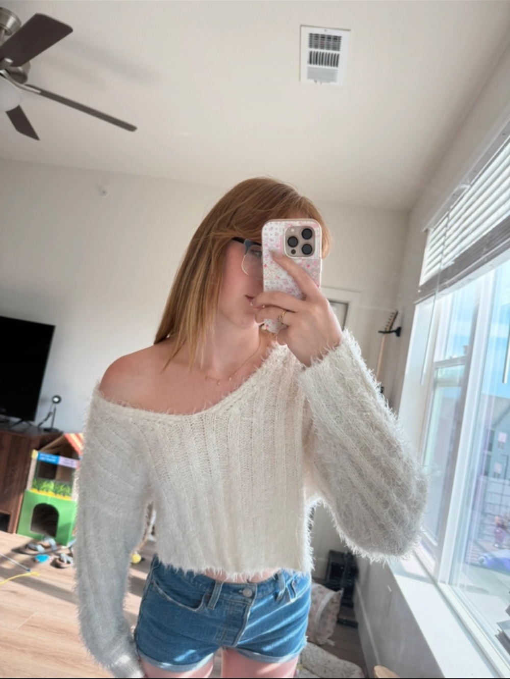 Forever 21 Cream Fuzzy Off-the-Shoulder Crop Sweater